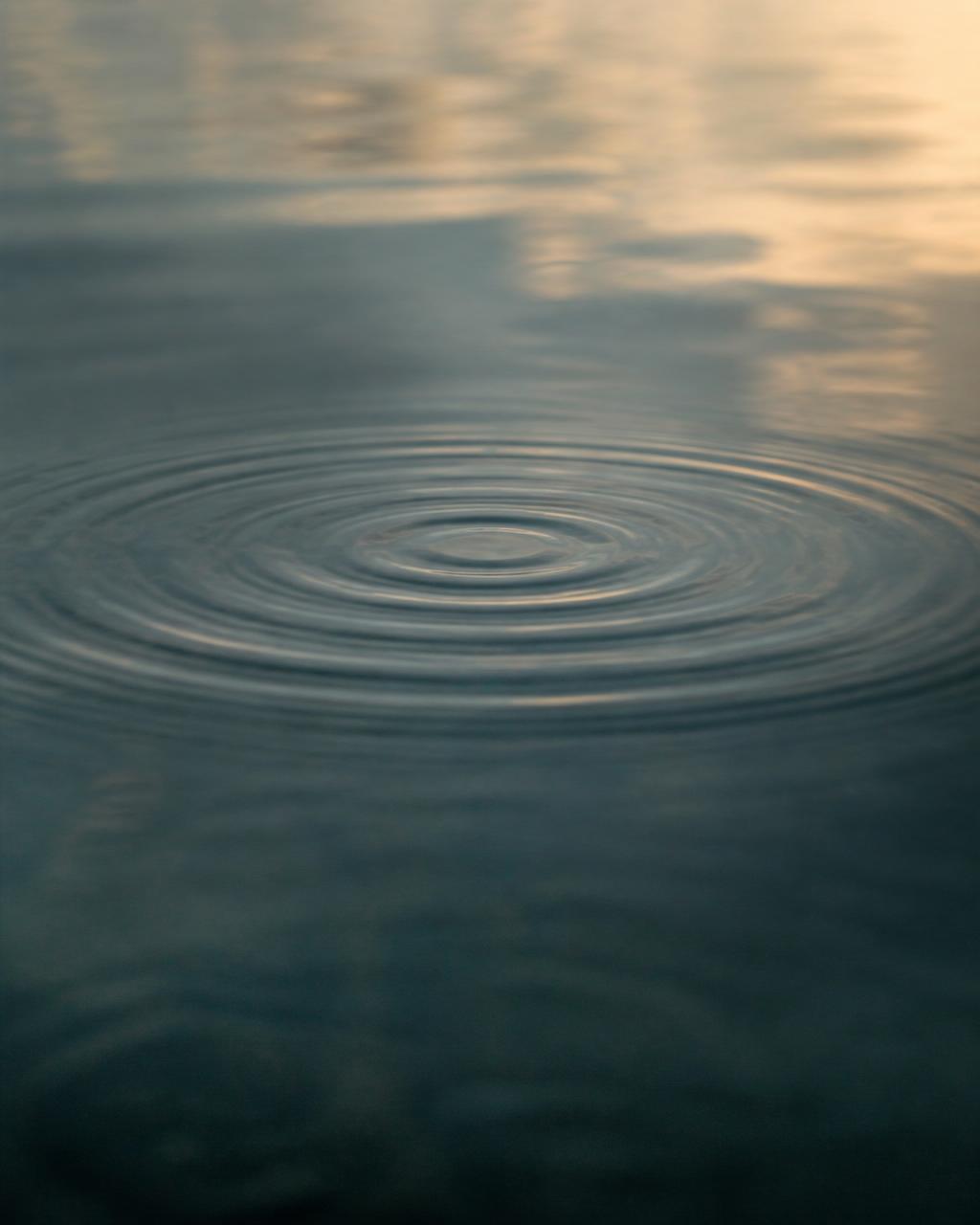 A single ripple spreading across still lake water at dawn